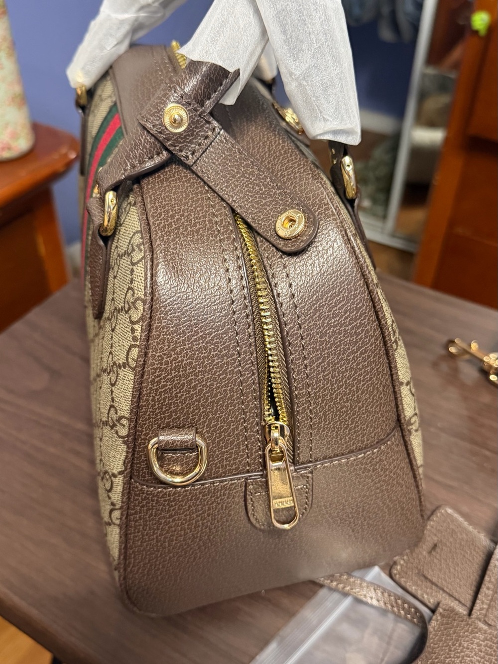 Fashion bag. 1:1 Gucci Brown GG Supreme Canvas Web Stripe Satchel. - Picture 14 of 15